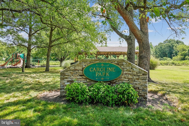 community / neighborhood sign with a yard