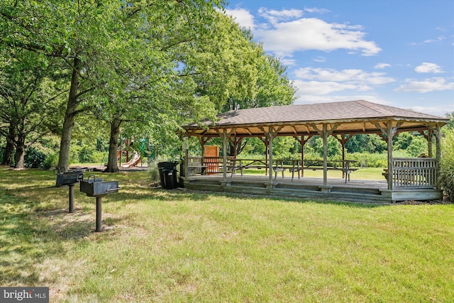 view of community featuring a gazebo and a lawn