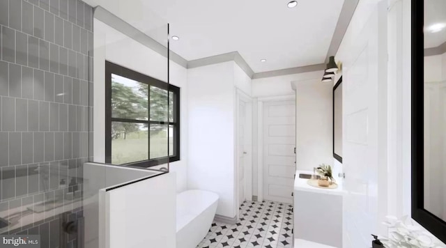 bathroom featuring separate shower and tub and sink