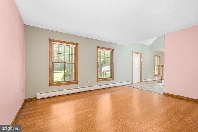 spare room with light hardwood / wood-style flooring and a baseboard radiator