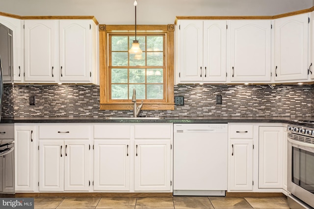 kitchen featuring backsplash, stainless steel range, white dishwasher, sink, and white cabinetry