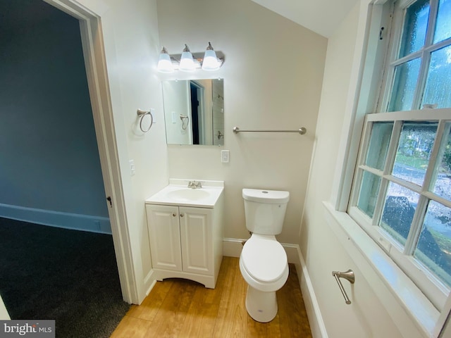 bathroom featuring vanity, hardwood / wood-style floors, and toilet