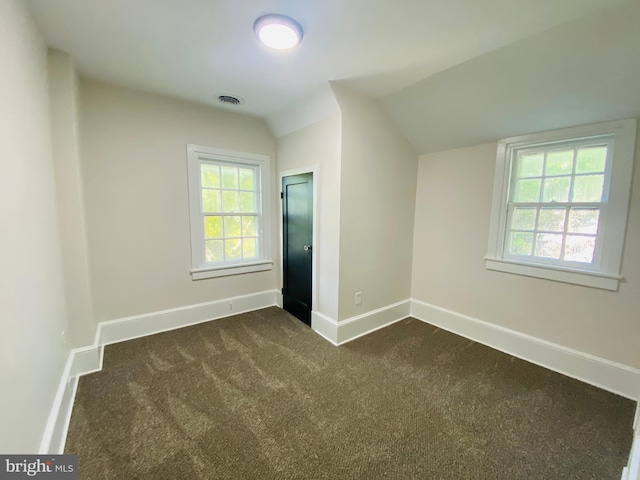 interior space with dark carpet and lofted ceiling