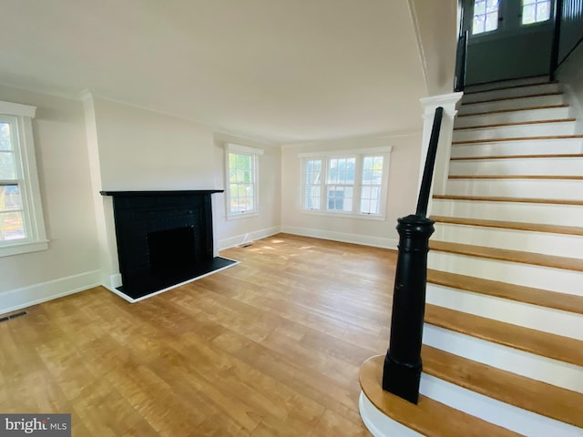 unfurnished living room with light hardwood / wood-style floors and crown molding