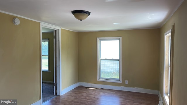 spare room featuring dark hardwood / wood-style flooring and ornamental molding