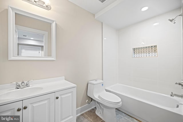 full bath with tile patterned floors, toilet,  shower combination, baseboards, and vanity