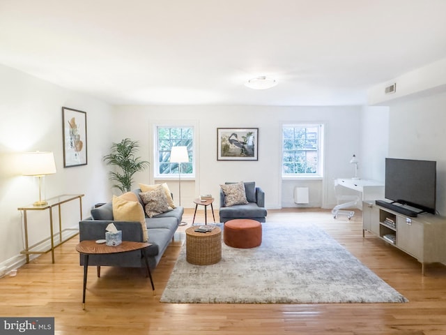 living room with light hardwood / wood-style flooring and a healthy amount of sunlight