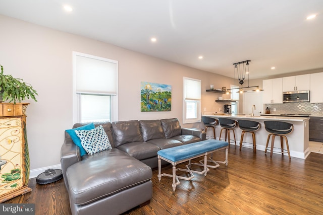 living room with hardwood / wood-style floors and sink