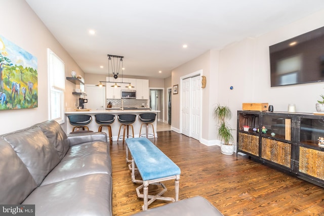 living room featuring dark wood-type flooring