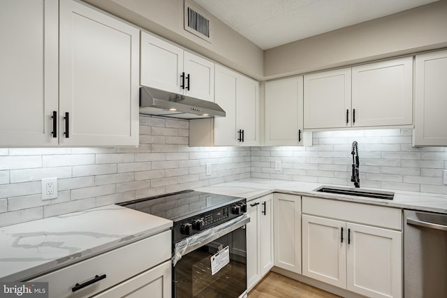 kitchen featuring dishwasher, white cabinets, black range with electric stovetop, sink, and decorative backsplash