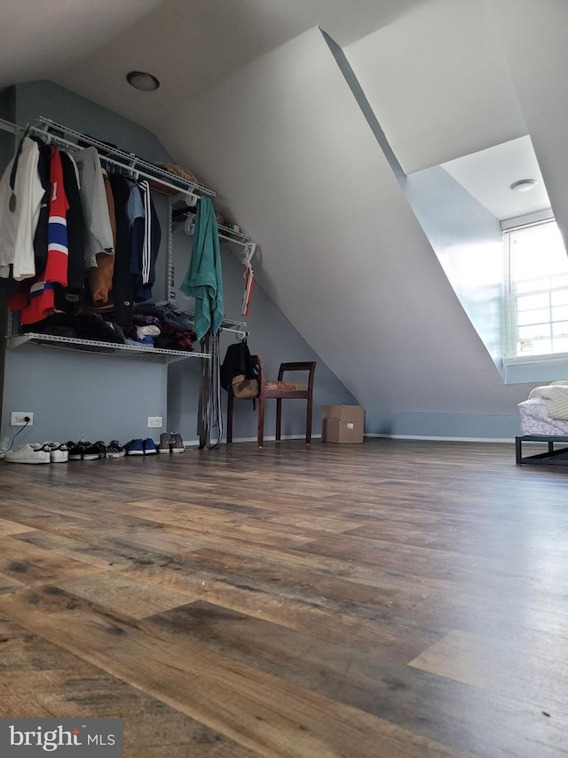 walk in closet with dark hardwood / wood-style flooring and lofted ceiling