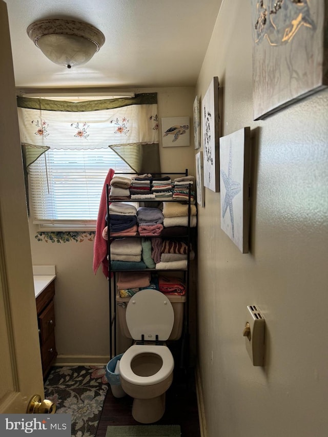 bathroom with hardwood / wood-style flooring, vanity, and toilet