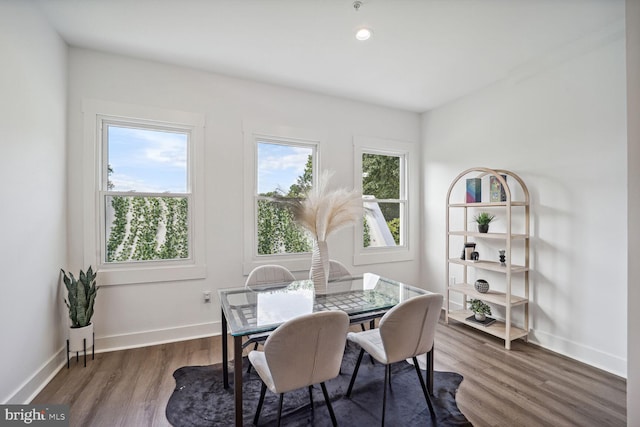 dining space with dark wood-type flooring and a wealth of natural light