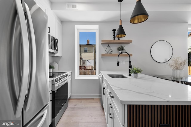 kitchen featuring white cabinets, light stone counters, sink, and appliances with stainless steel finishes