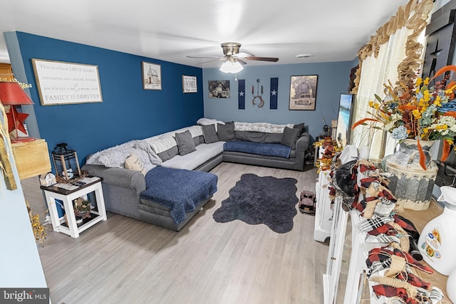 living room with hardwood / wood-style flooring and ceiling fan