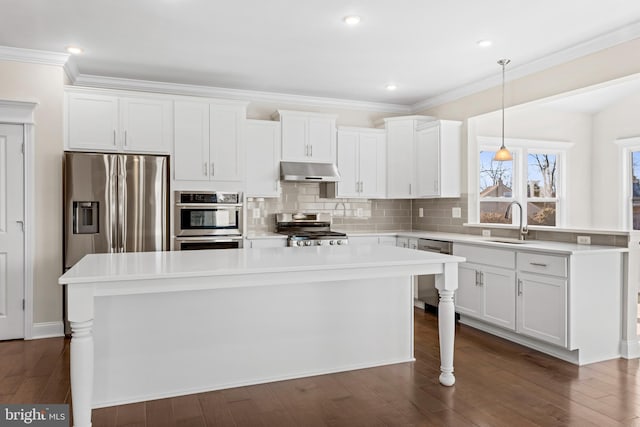 kitchen with appliances with stainless steel finishes, dark wood-type flooring, sink, white cabinets, and a center island