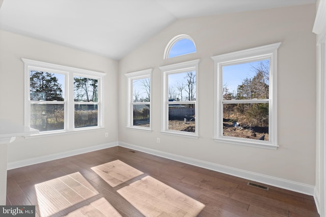 unfurnished sunroom featuring vaulted ceiling and plenty of natural light