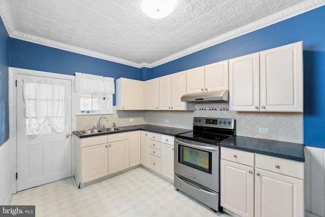 kitchen with stainless steel electric range oven and sink