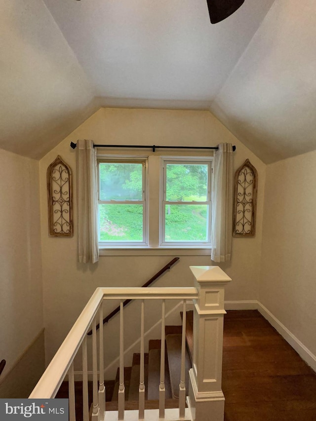 staircase with hardwood / wood-style flooring and vaulted ceiling