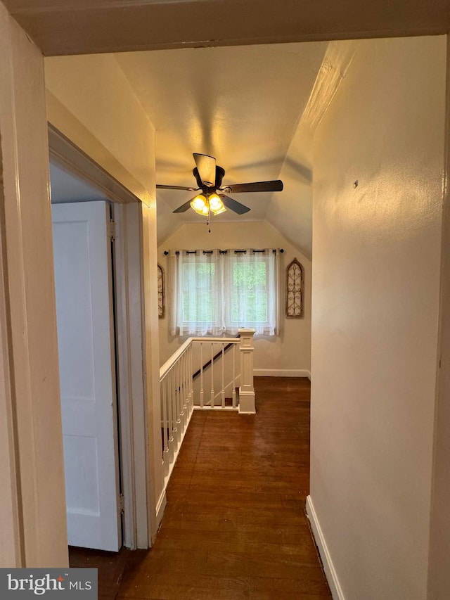 hall with vaulted ceiling and dark wood-type flooring