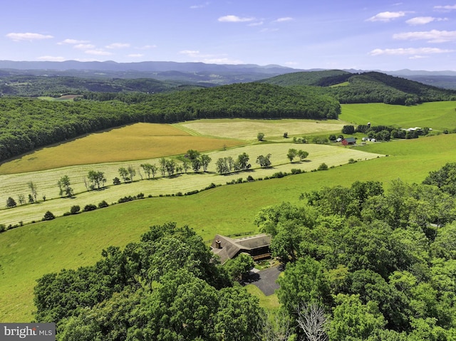 drone / aerial view featuring a mountain view and a rural view