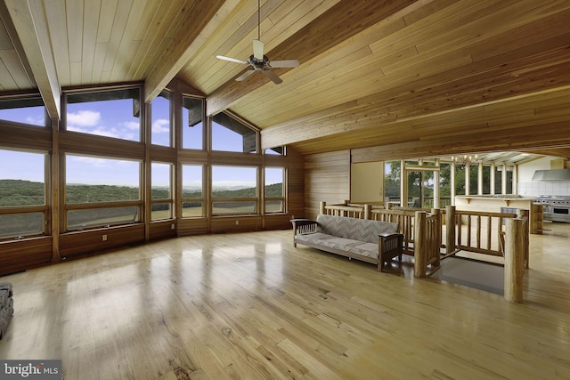 unfurnished sunroom featuring wood ceiling, lofted ceiling with beams, and ceiling fan with notable chandelier