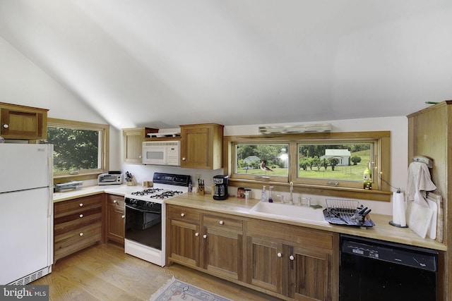 kitchen with light wood-type flooring, white appliances, a wealth of natural light, and sink