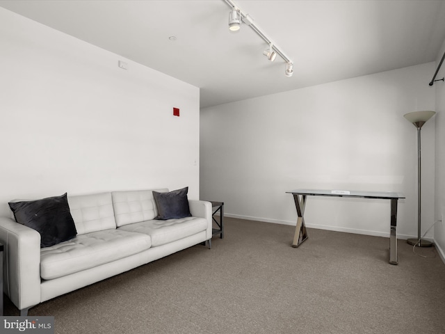 living area with baseboards, carpet, and track lighting