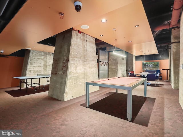 rec room featuring recessed lighting, carpet floors, and billiards