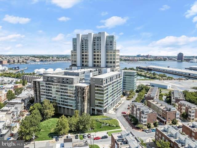 aerial view featuring a view of city and a water view