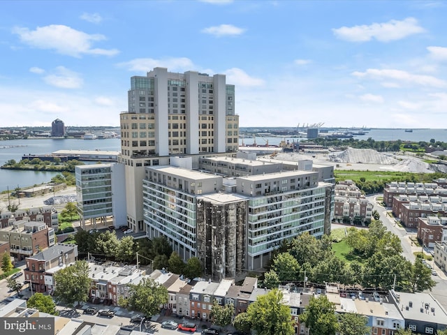 aerial view featuring a water view and a view of city