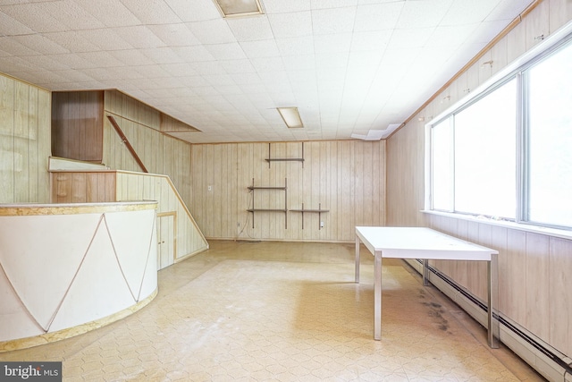 basement featuring baseboard heating and wood walls