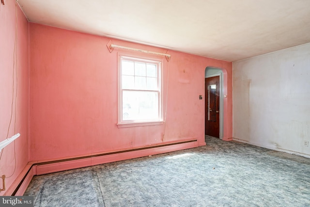 spare room with carpet and baseboard heating