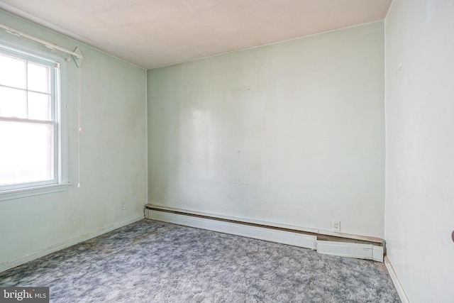 carpeted empty room with a healthy amount of sunlight and a baseboard radiator