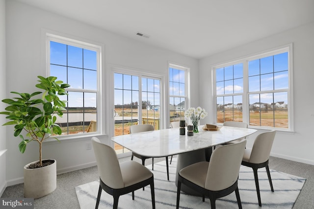 dining area featuring light carpet