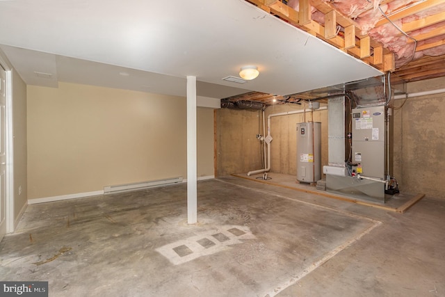 basement with heating unit, a baseboard heating unit, and water heater