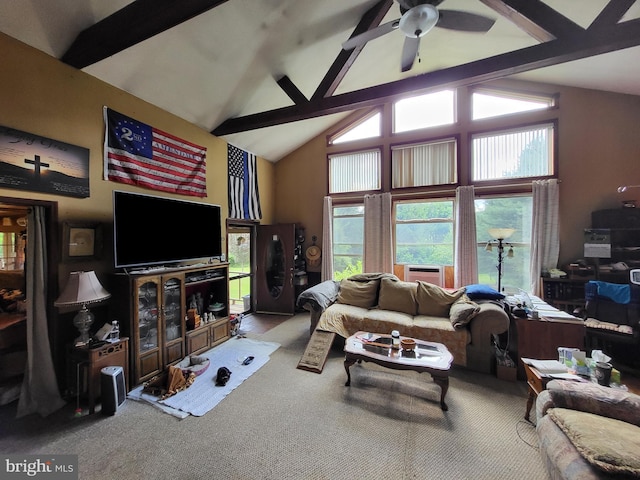 living room with carpet flooring, ceiling fan, a healthy amount of sunlight, and high vaulted ceiling