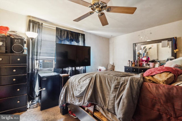 carpeted bedroom featuring cooling unit and ceiling fan