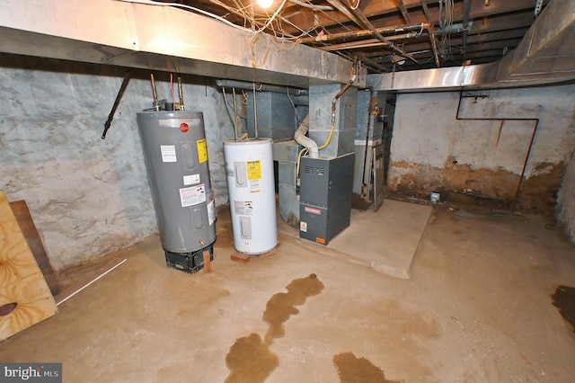 basement featuring electric water heater and heating unit