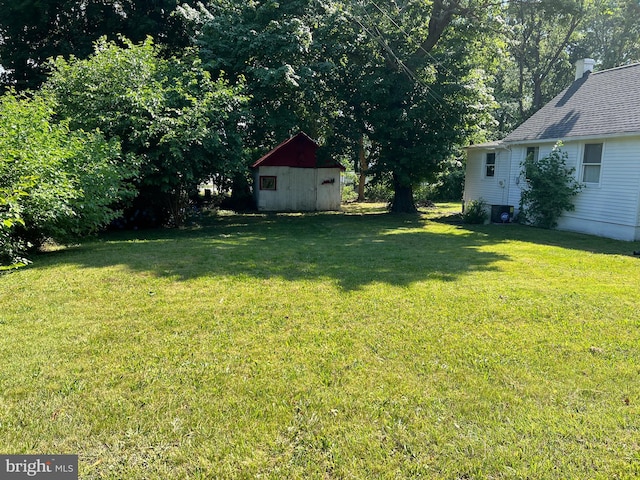 view of yard featuring cooling unit and a storage shed