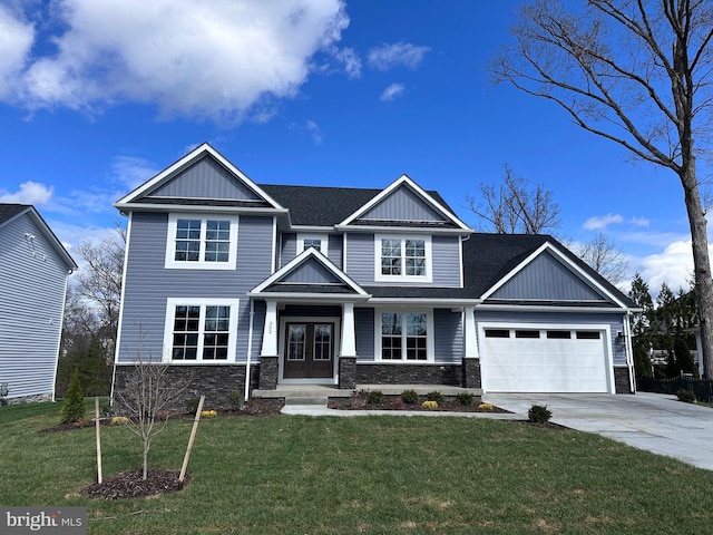 craftsman-style house with a garage, a porch, and a front lawn