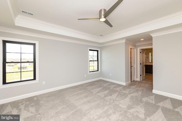 carpeted spare room featuring a raised ceiling, ceiling fan, and ornamental molding