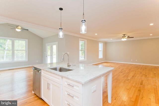 kitchen featuring white cabinets, ceiling fan, light hardwood / wood-style floors, and sink