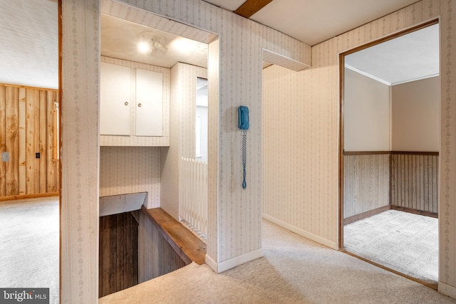 hallway featuring light carpet and wood walls