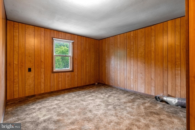 unfurnished room featuring wooden walls and carpet