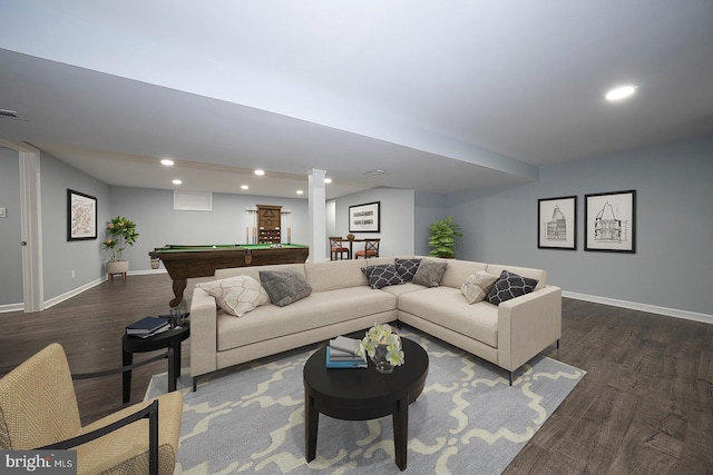 living room with dark hardwood / wood-style floors and pool table