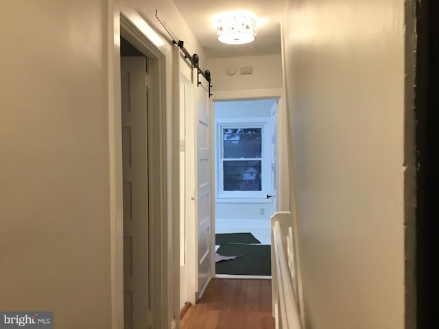 hallway with hardwood / wood-style flooring and a barn door