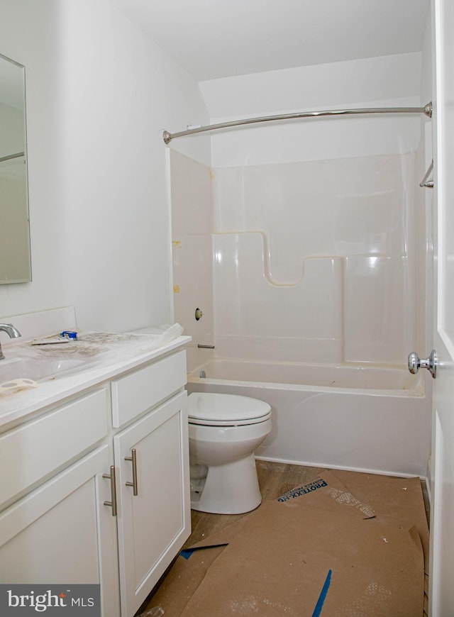 full bathroom with toilet, shower / bath combination, wood-type flooring, and vanity