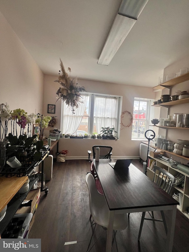 dining space with dark hardwood / wood-style floors