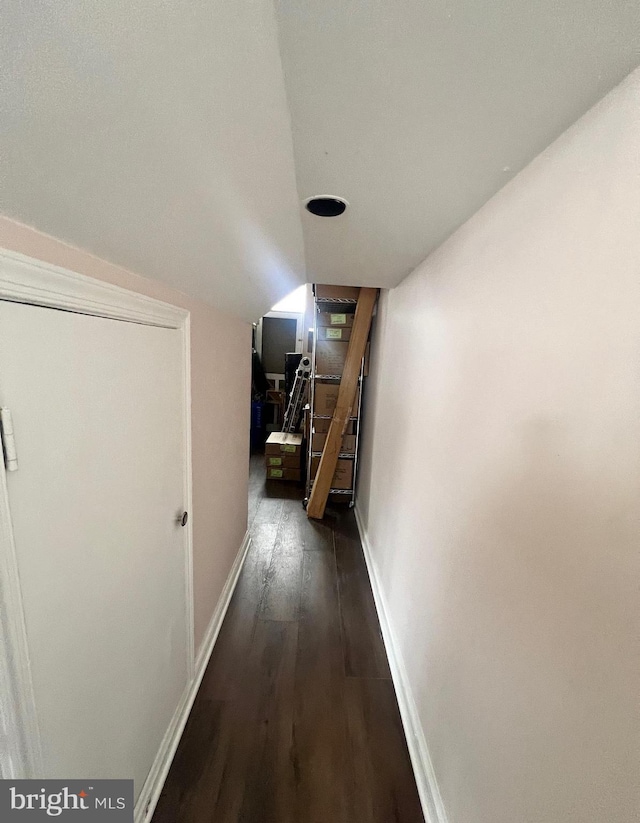 hall with dark hardwood / wood-style flooring and lofted ceiling